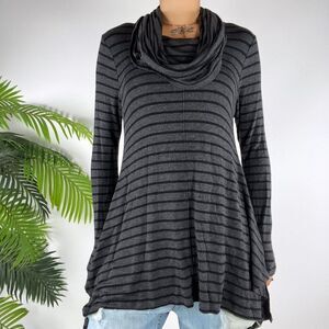 Vintage Gray Striped Bohemian Grunge Hippie Cowl Neck Long Sleeve Tunic Top / S
